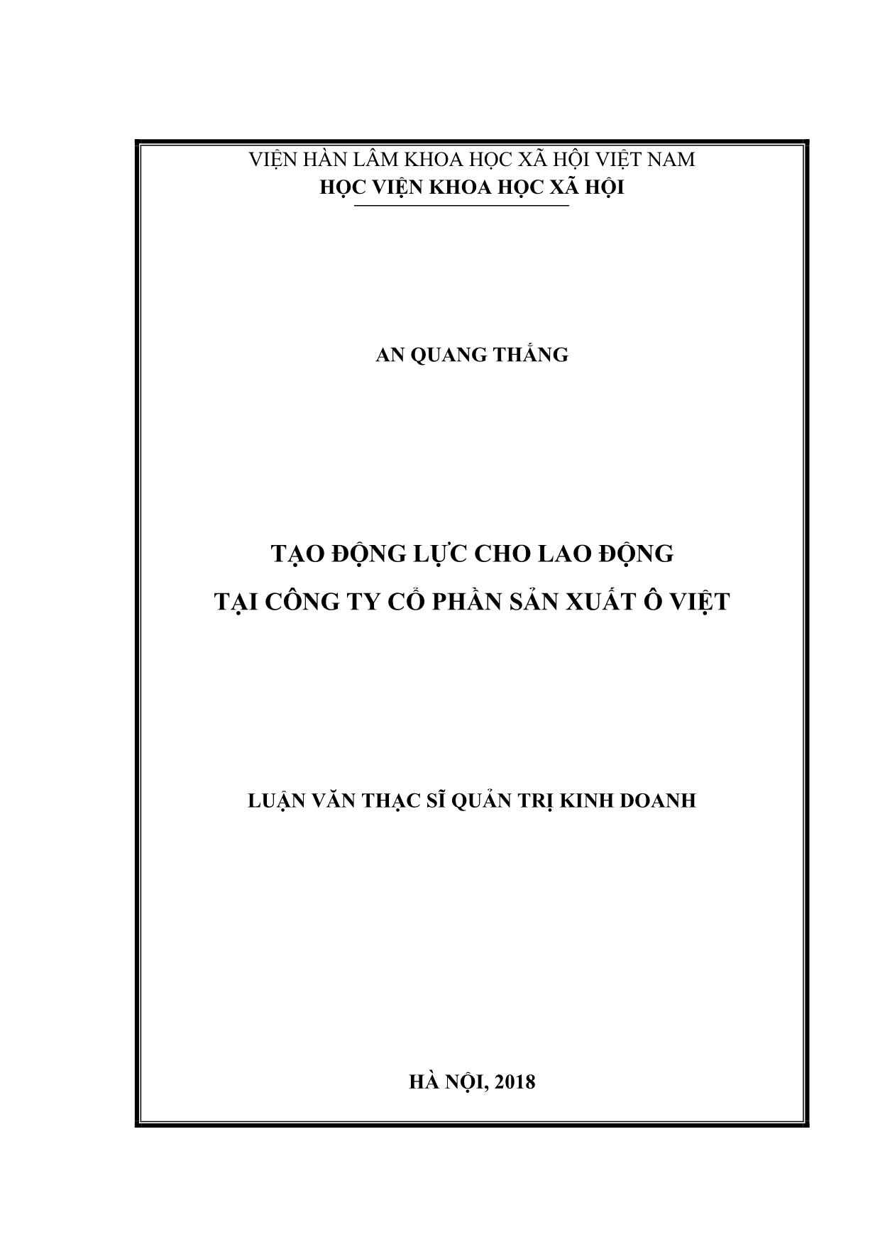 Tóm tắt Luận văn Tạo động lực cho lao động tại công ty Cổ phần sản xuất ô Việt trang 1