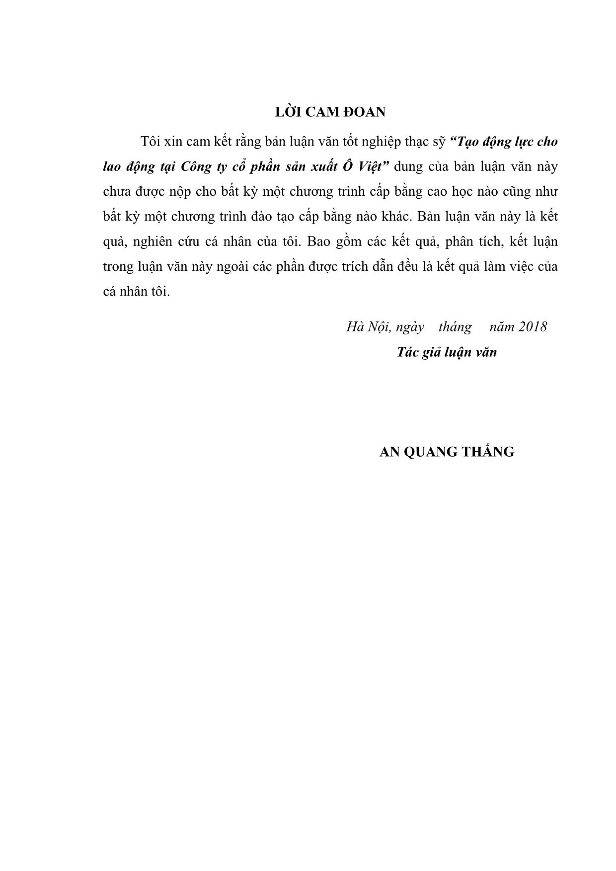 Tóm tắt Luận văn Tạo động lực cho lao động tại công ty Cổ phần sản xuất ô Việt trang 3