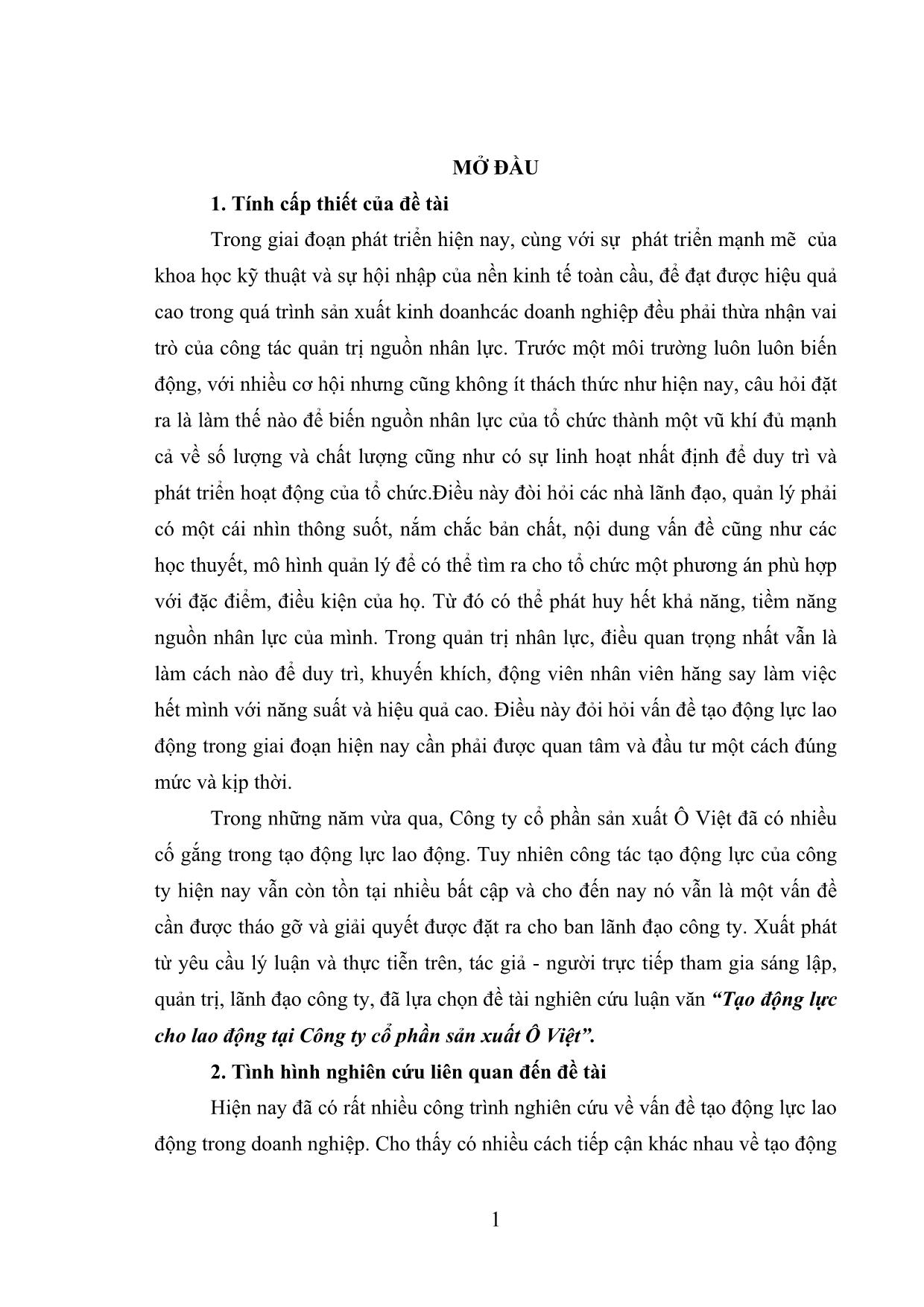 Tóm tắt Luận văn Tạo động lực cho lao động tại công ty Cổ phần sản xuất ô Việt trang 7