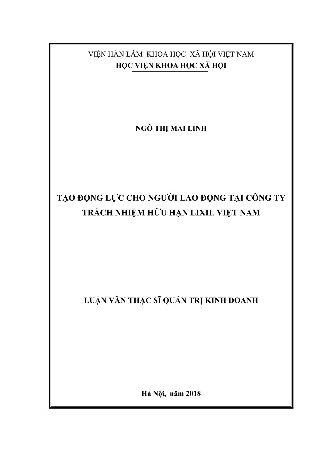 Tóm tắt Luận văn Tạo động lực cho người lao động tại công ty Trách nhiệm hữu hạn Lixil Việt Nam trang 1