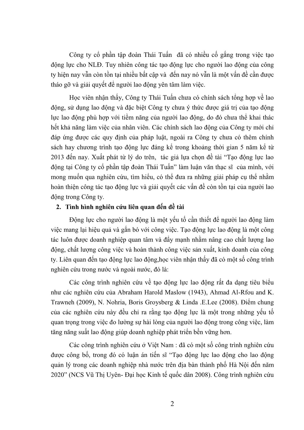 Tóm tắt Luận văn Tạo động lực lao động tại công ty Cổ phần tập đoàn Thái Tuấn trang 8