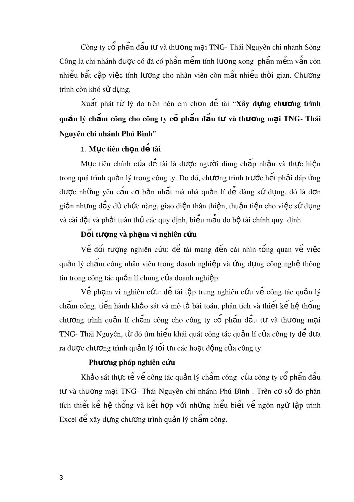 Tóm tắt Luận văn Xây dựng chương trình quản lý chấm công cho công ty cổ phần đầu tư và thương mại TNG - Thái Nguyên chi nhánh Phú Bình trang 3