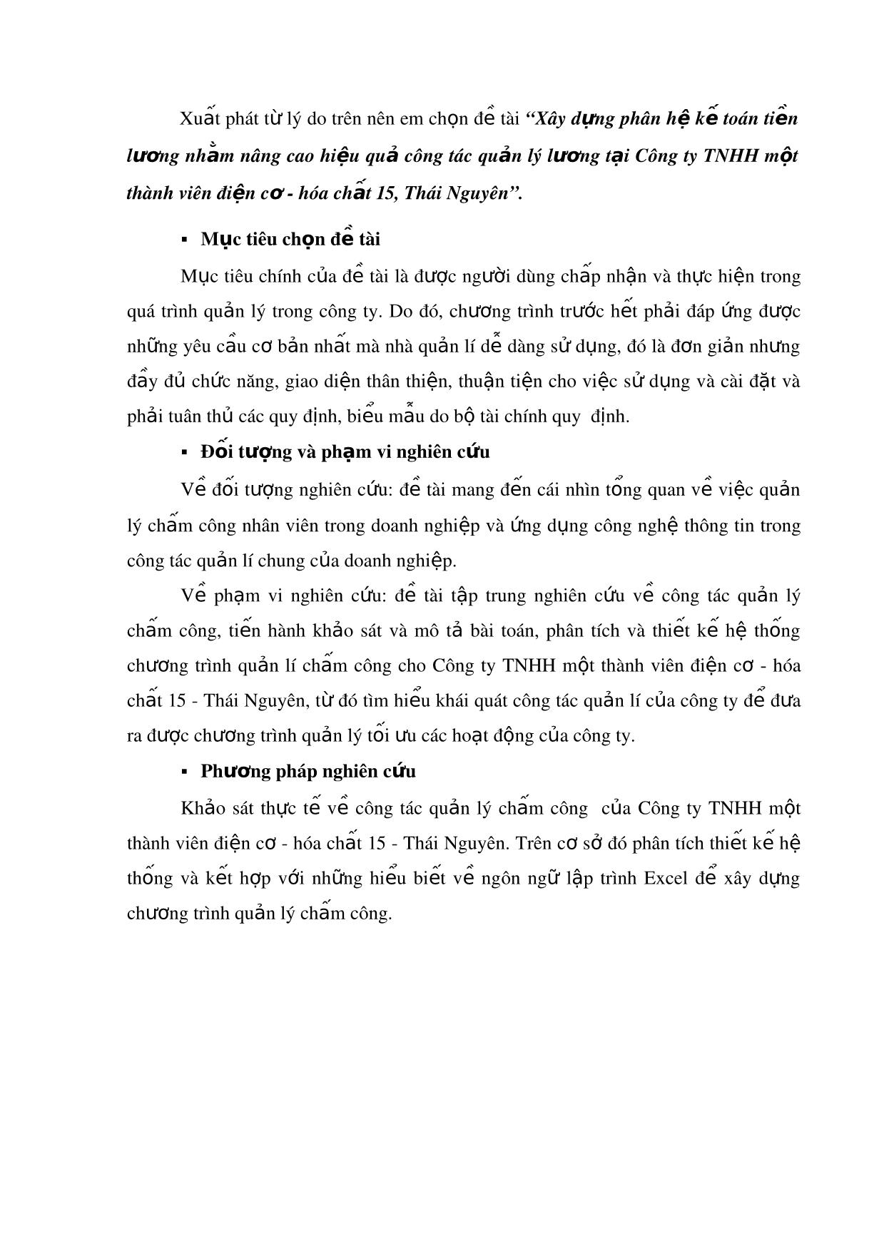 Tóm tắt Luận văn Xây dựng phân hệ kế toán tiền lương nhằm nâng cao hiệu quả công tác quản lý lương tại công ty TNHH một thành viên điện cơ - Hóa chất 15, Thái Nguyên trang 3