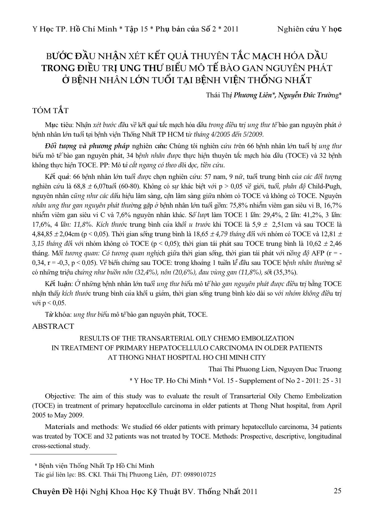Bước đầu nhận xét kết quả thuyên tắc mạch hóa dầu trong điều trị ung thư biểu mô tế bào gan nguyên phát ở bệnh nhân lớn tuổi tại bệnh viện thống nhất trang 1
