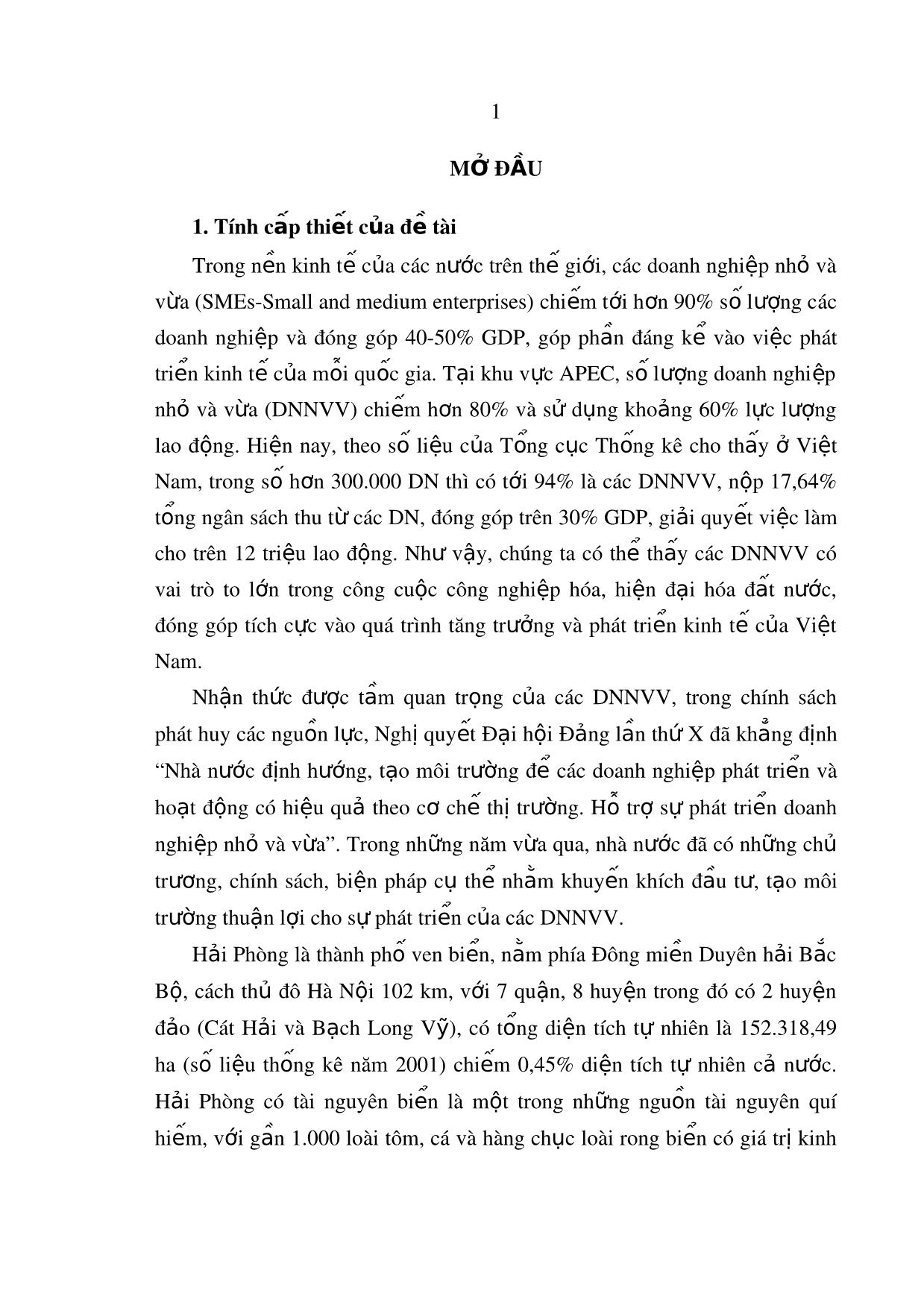 Tóm tắt Luận văn Phát triển doanh nghiệp nhỏ và vừa trên địa bàn thành phố Hải Phòng trong giai đoạn hiện nay trang 8