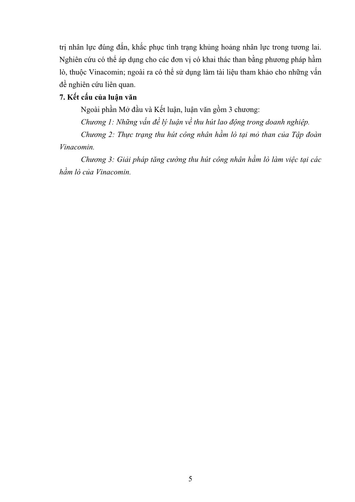 Tóm tắt Luận văn Các giải pháp thu hút công nhân hầm lò tại mỏ than của tập đoàn Vinacomin trang 10