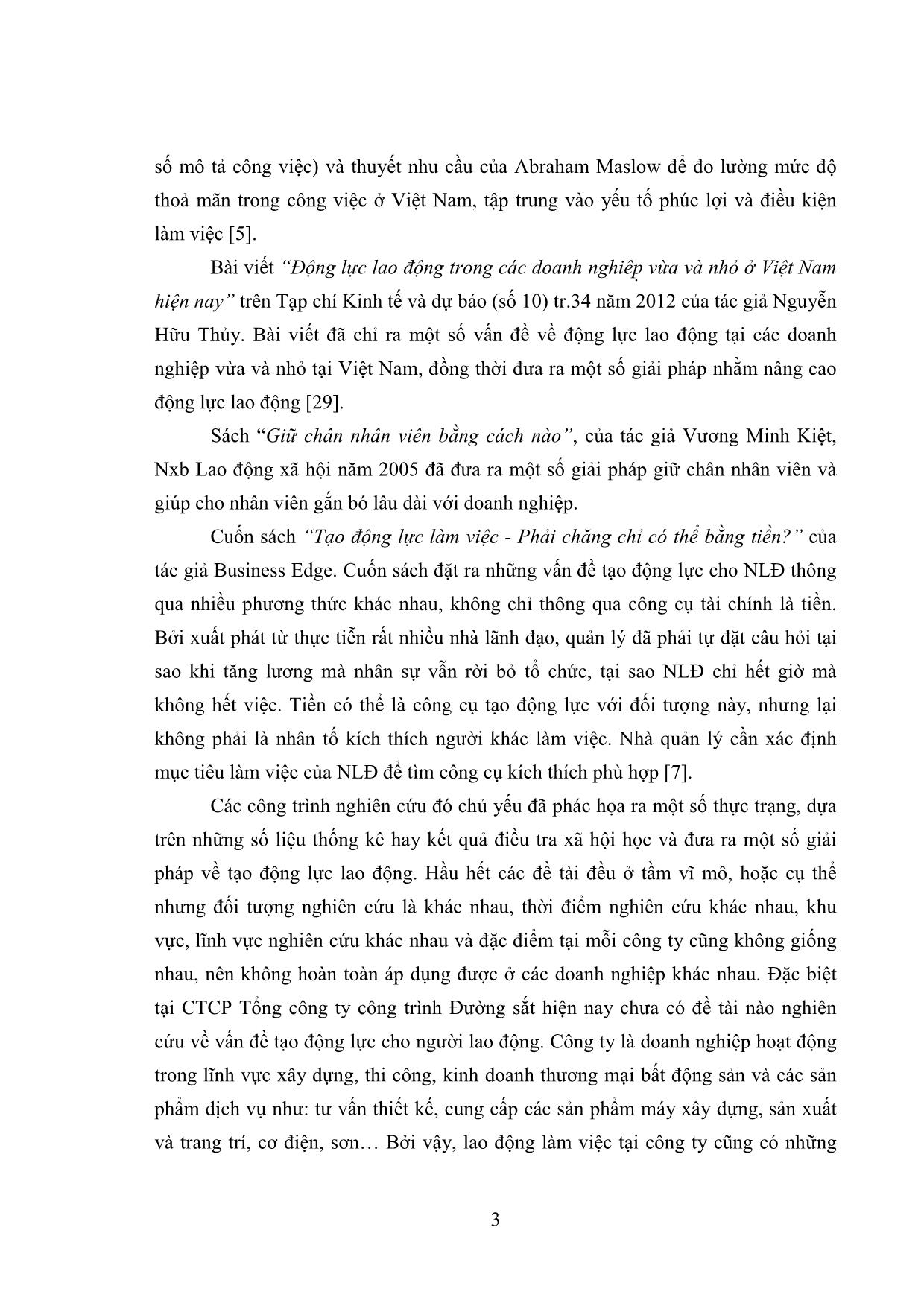 Tóm tắt Luận văn Tạo động lực cho nguời lao động tại công ty Cổ phần tổng công ty công trình đường sắt trang 10