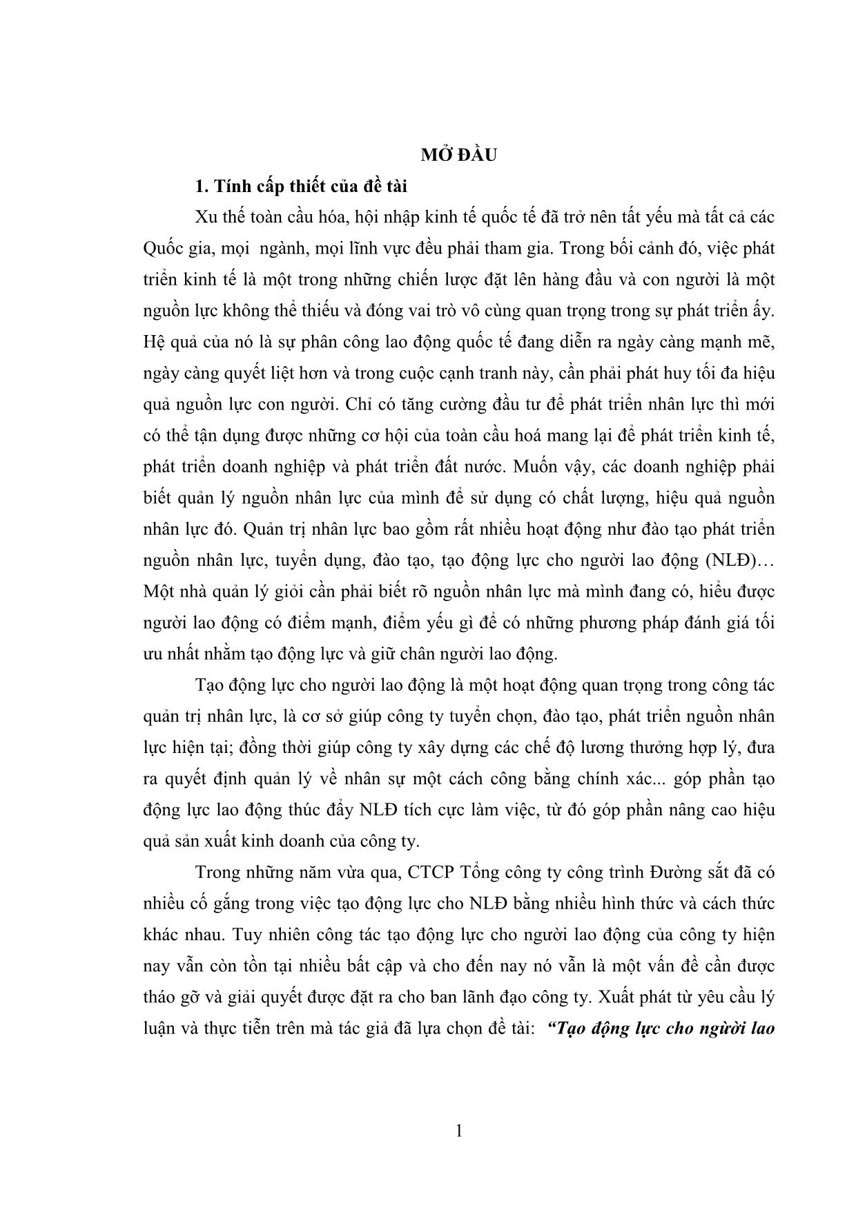 Tóm tắt Luận văn Tạo động lực cho nguời lao động tại công ty Cổ phần tổng công ty công trình đường sắt trang 8