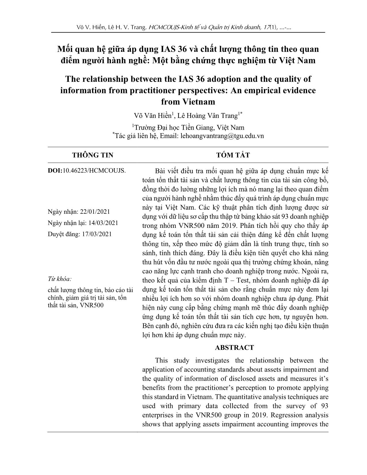 Mối quan hệ giữa áp dụng IAS 36 và chất lượng thông tin theo quan điểm người hành nghề: Một bằng chứng thực nghiệm từ Việt Nam trang 1