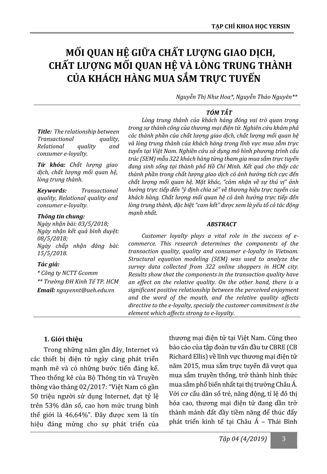 Mối quan hệ giữa chất lượng giao dịch, chất lượng mối quan hệ và lòng trung thành của khách hàng mua sắm trực tuyến trang 1