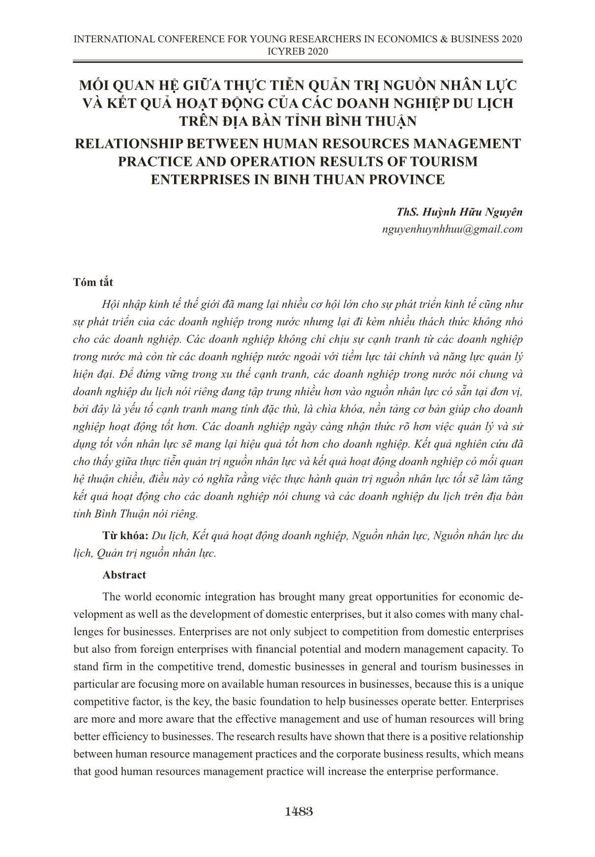 Mối quan hệ giữa thực tiễn quản trị nguồn nhân lực và kết quả hoạt động của các doanh nghiệp du lịch trên địa bàn tỉnh Bình Thuận trang 1