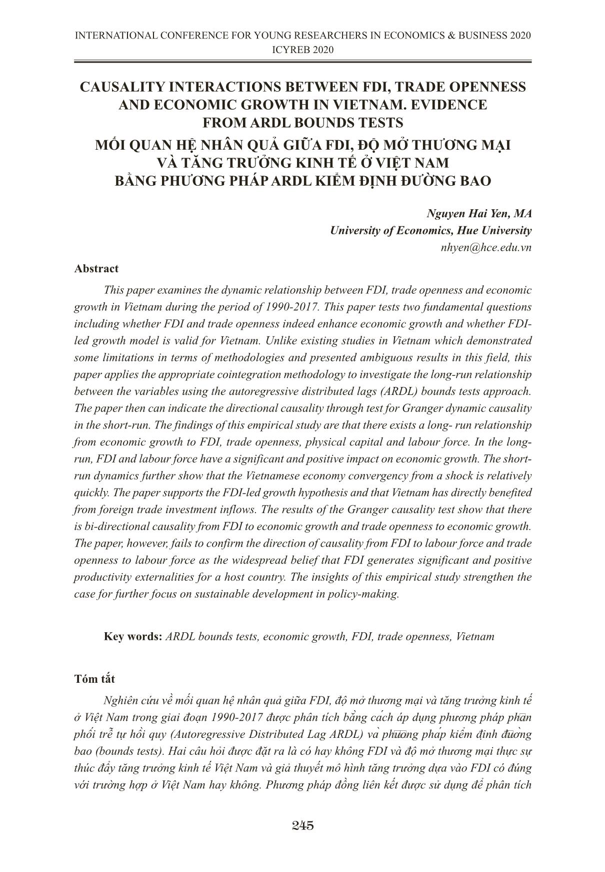 Mối quan hệ nhân quả giữa FDI, độ mở thương mại và tăng trưởng kinh tế ở Việt Nam bằng phương pháp Ardl kiểm định đường bao trang 1