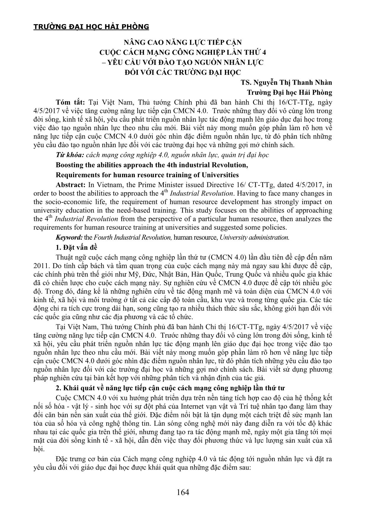 Nâng cao năng lực tiếp cận cuộc cách mạng công nghiệp lần thứ 4 – yêu cầu với đào tạo nguồn nhân lực đối với các trường Đại học trang 1