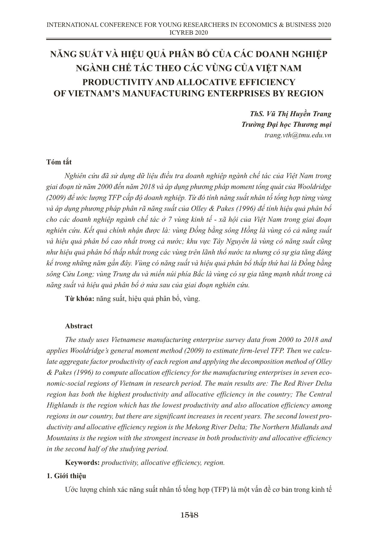 Năng suất và hiệu quả phân bổ của các doanh nghiệp ngành chế tác theo các vùng của Việt Nam trang 1