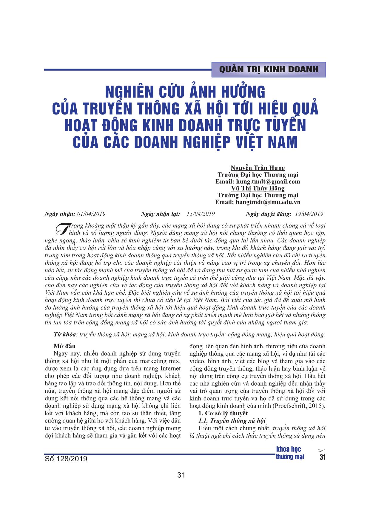 Nghiên cứu ảnh hưởng của truyền thông xã hội tới hiệu quả hoạt động kinh doanh trực tuyến của các doanh nghiệp Việt Nam trang 1