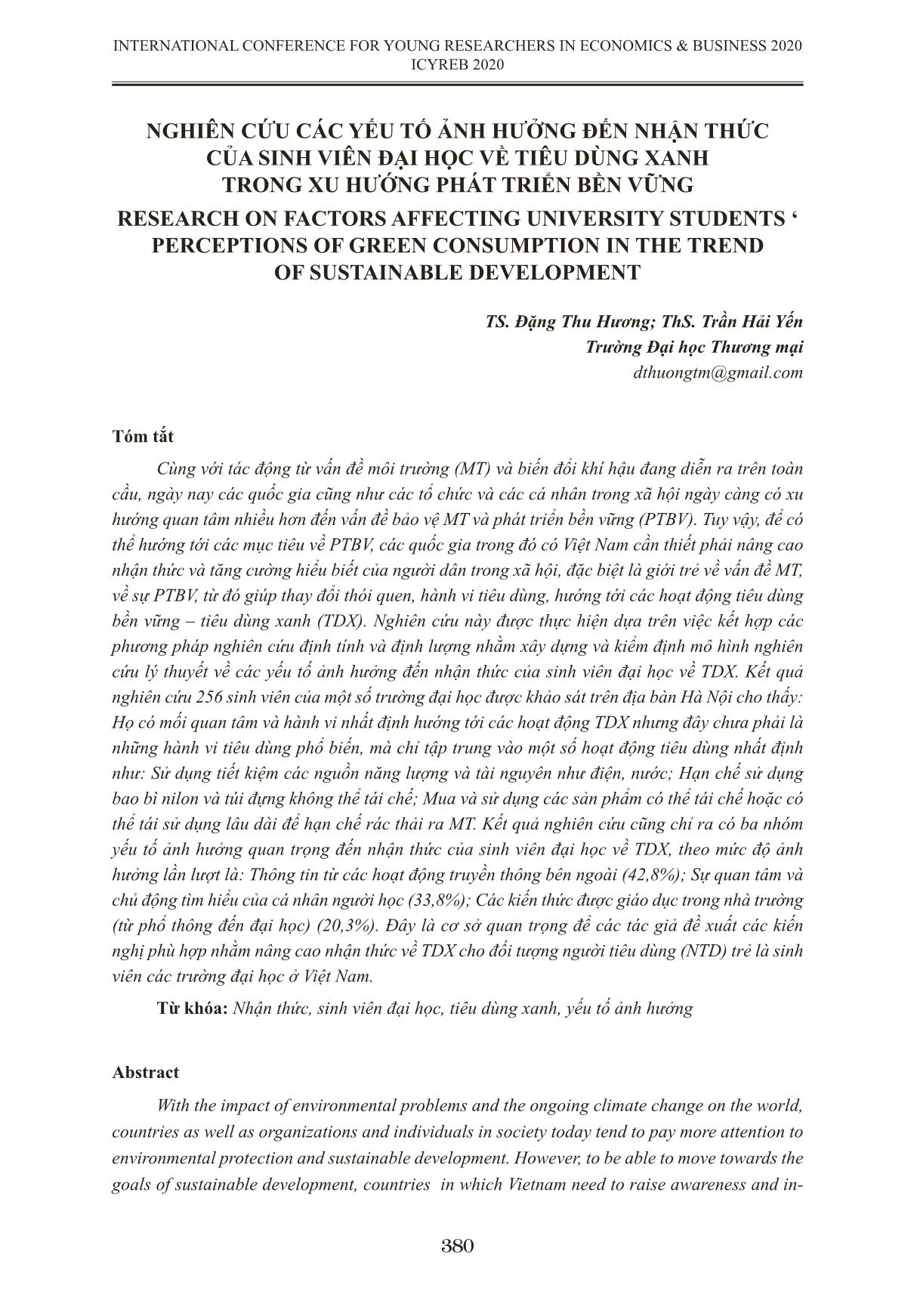 Nghiên cứu các yếu tố ảnh hưởng đến nhận thức của sinh viên đại học về tiêu dùng xanh trong xu hướng phát triển bền vững trang 1