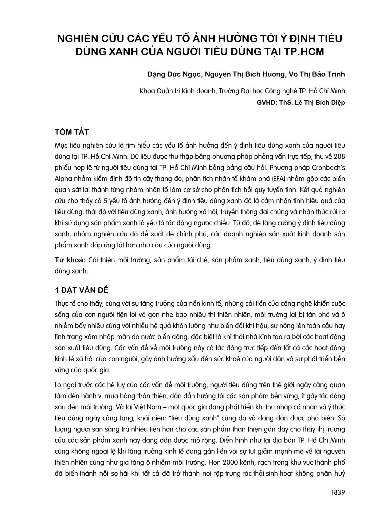 Nghiên cứu các yếu tố ảnh hưởng tới ý định tiêu dùng xanh của người tiêu dùng tại thành phố Hồ Chí Minh trang 1
