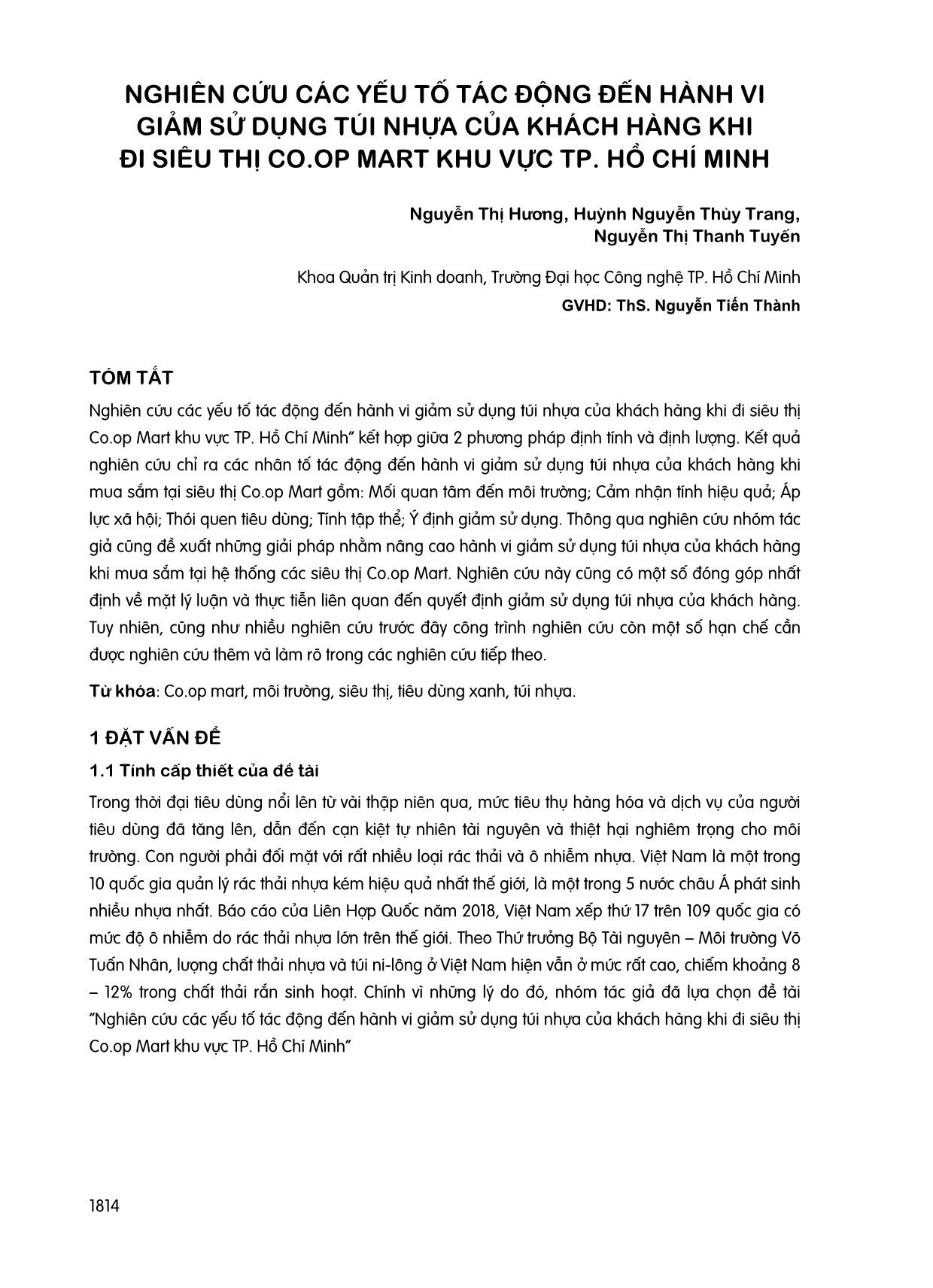 Nghiên cứu các yếu tố tác động đến hành vi giảm sử dụng túi nhựa của khách hàng khi đi siêu thị Co.op mart khu vực thành phố Hồ Chí Minh trang 1
