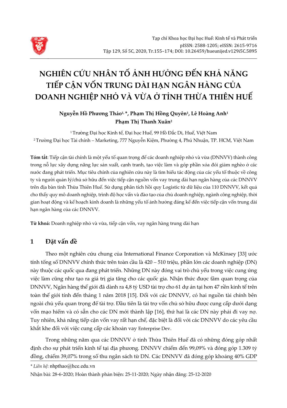 Nghiên cứu nhân tố ảnh hưởng đến khả năng tiếp cận vốn trung dài hạn ngân hàng của doanh nghiệp nhỏ và vừa ở tỉnh Thừa Thiên Huế trang 1