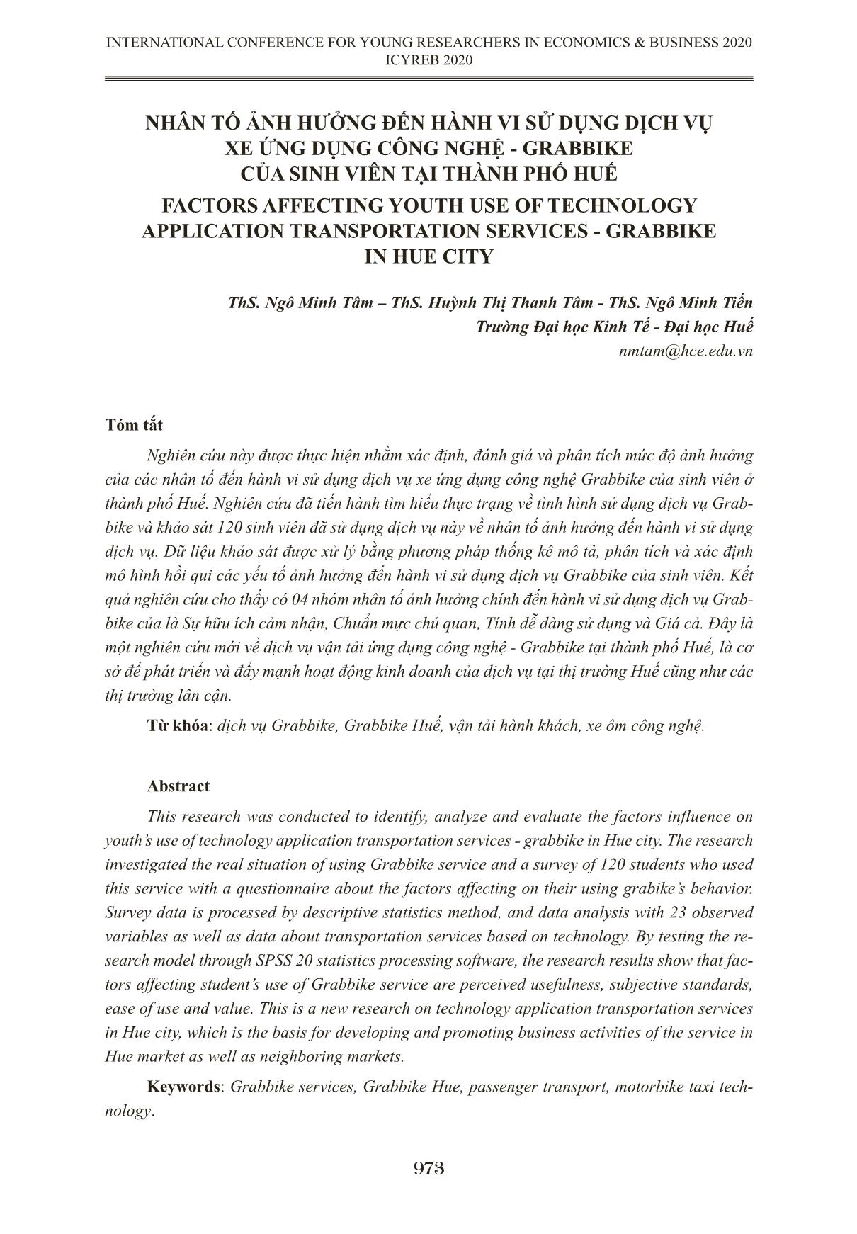 Nhân tố ảnh hưởng đến hành vi sử dụng dịch vụ xe ứng dụng công nghệ - Grabbike của sinh viên tại thành phố Huế trang 1