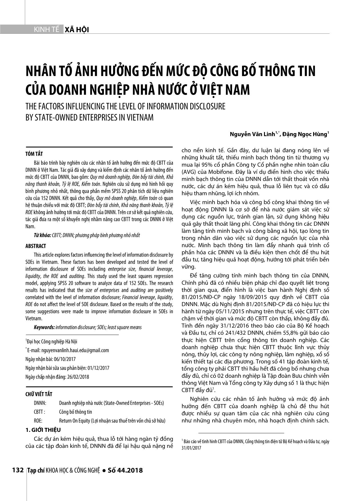 Nhân tố ảnh hưởng đến mức độ công bố thông tin của doanh nghiệp nhà nước ở Việt Nam trang 1