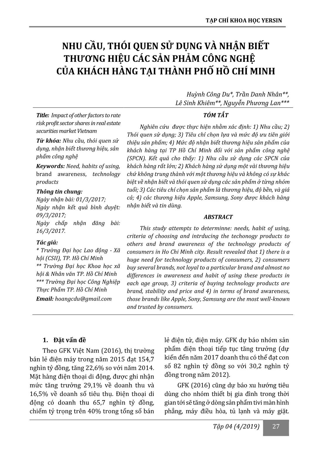 Nhu cầu, thói quen sử dụng và nhận biết thương hiệu các sản phảm công nghệ của khách hàng tại thành phố Hồ Chí Minh trang 1