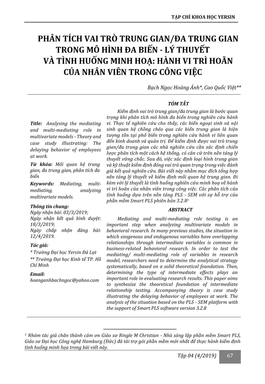 Phân tích vai trò trung gian/đa trung gian trong mô hình đa biến - Lý thuyết và tình huống minh hoạ: hành vi trì hoãn của nhân viên trong công việc trang 1