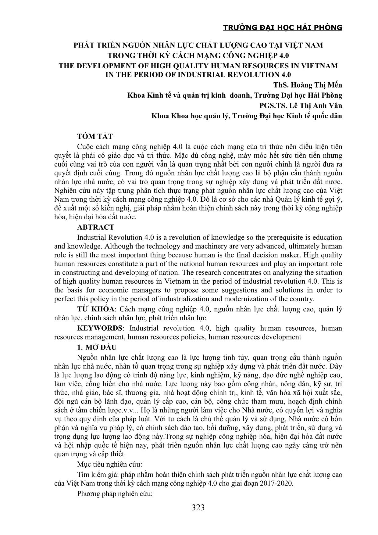Phát triển nguồn nhân lực chất lượng cao tại Việt Nam trong thời kỳ cách mạng công nghiệp 4.0 trang 1