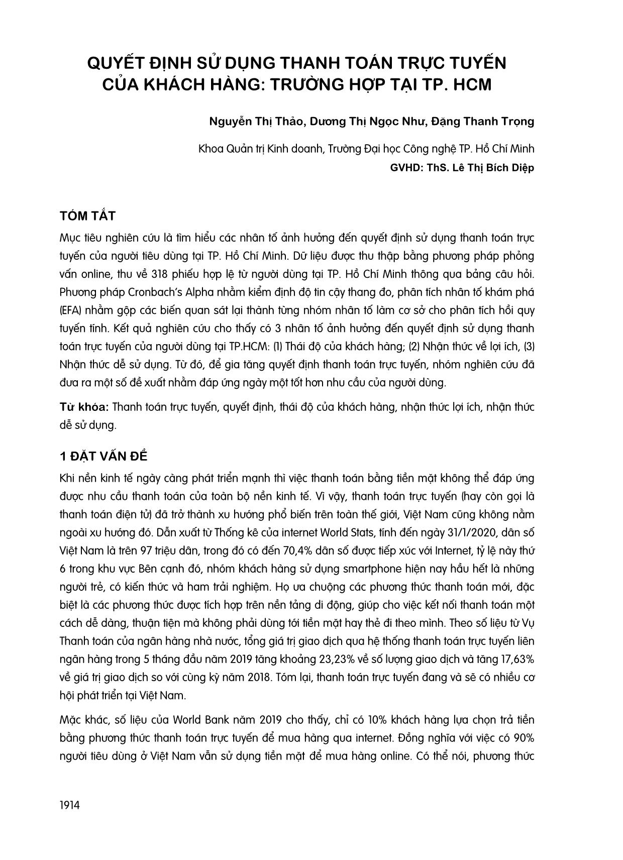 Quyết định sử dụng thanh toán trực tuyến của khách hàng: Trường hợp tại thành phố Hồ Chí Minh trang 1