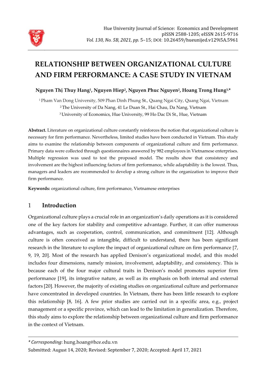 Relationship between organizational culture and firm performance: A case study in Viet Nam trang 1