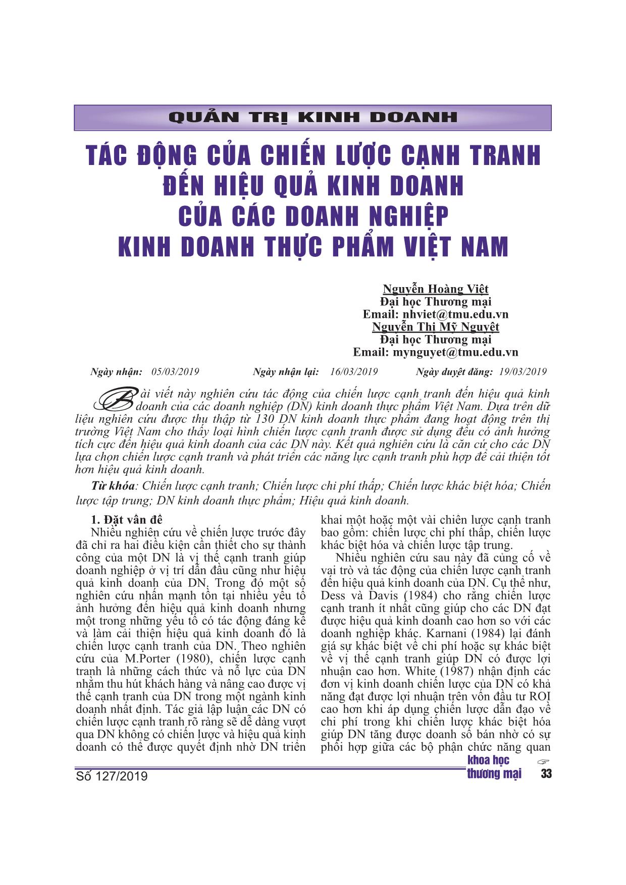 Tác động của chiến lược cạnh tranh đến hiệu quả kinh doanh của các doanh nghiệp kinh doanh thực phẩm Việt Nam trang 1