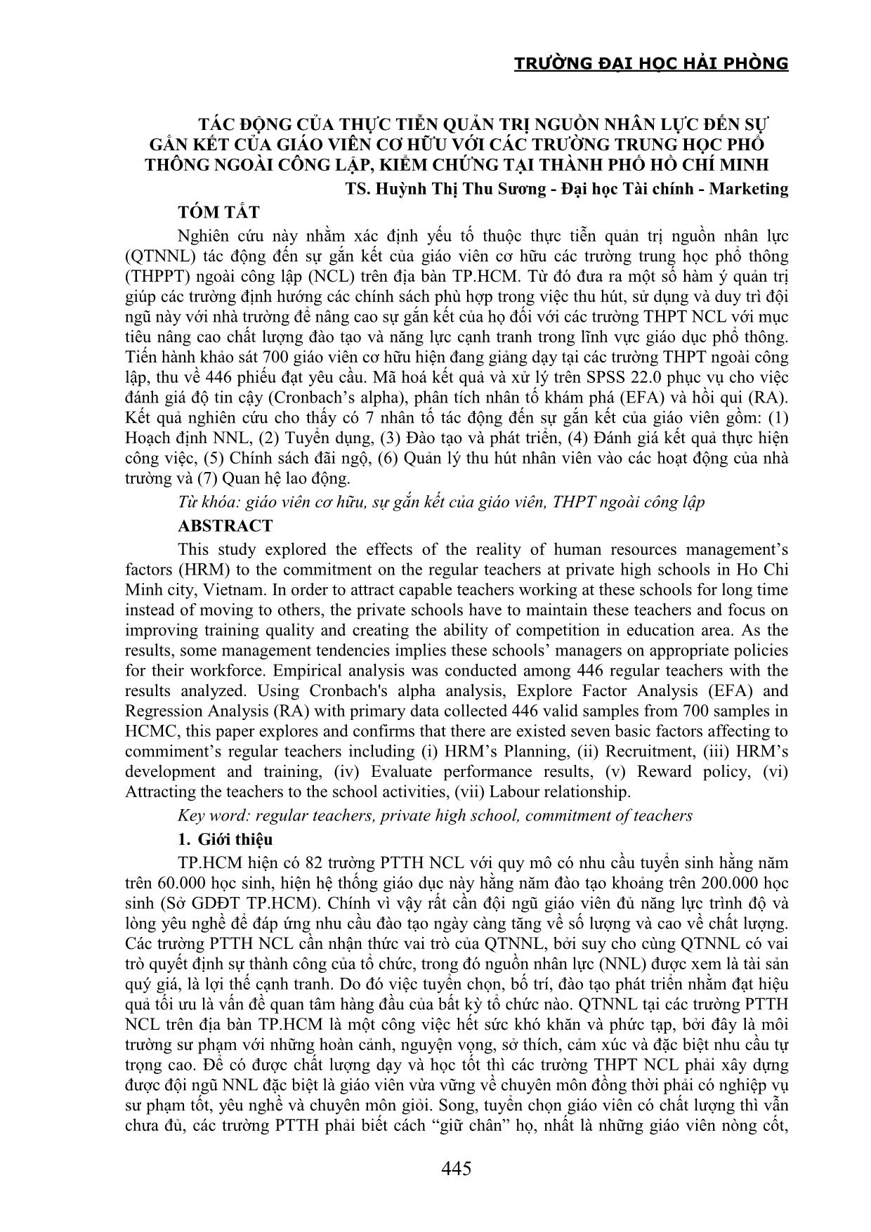 Tác động của thực tiễn quản trị nguồn nhân lực đến sự gắn kết của giáo viên cơ hữu với các trường Trung học Phổ thông ngoài công lập, kiểm chứng tại thành phố Hồ Chí Minh trang 1