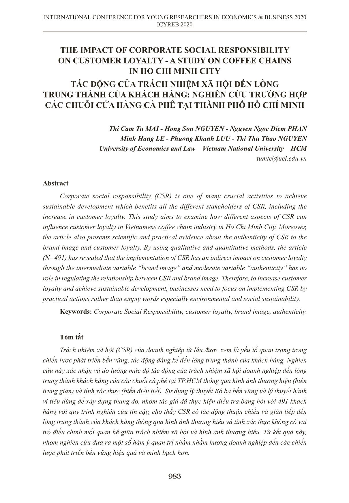 Tác động của trách nhiệm xã hội đến lòng trung thành của khách hàng: Nghiên cứu trường hợp các chuỗi cửa hàng cà phê tại thành phố Hồ Chí Minh trang 1