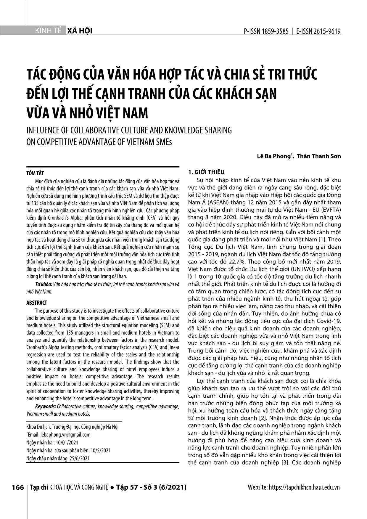 Tác động của văn hóa hợp tác và chia sẻ tri thức đến lợi thế cạnh tranh của các khách sạn vừa và nhỏ Việt Nam trang 1