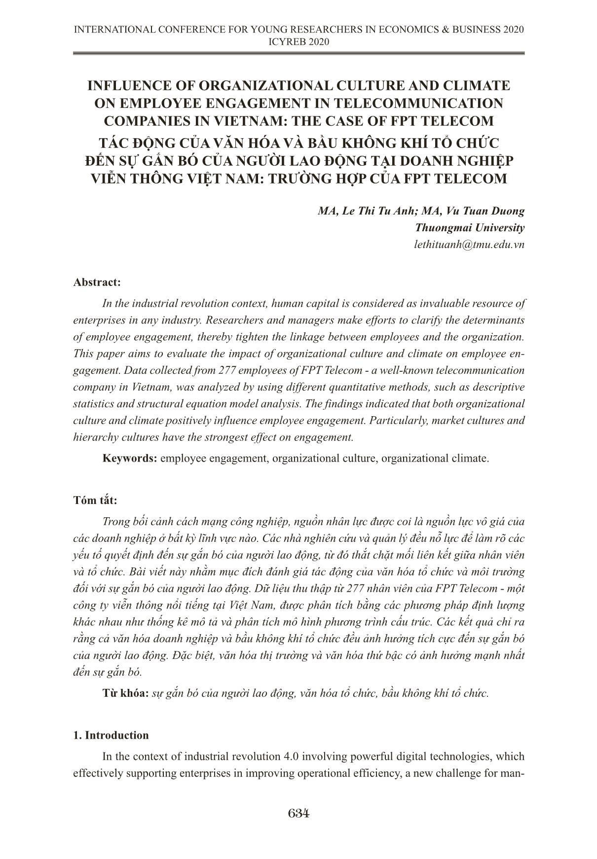 Tác động của văn hóa và bầu không khí tổ chức đến sự gắn bó của người lao động tại doanh nghiệp viễn thông Việt Nam: Trường hợp của FPT Telecom trang 1