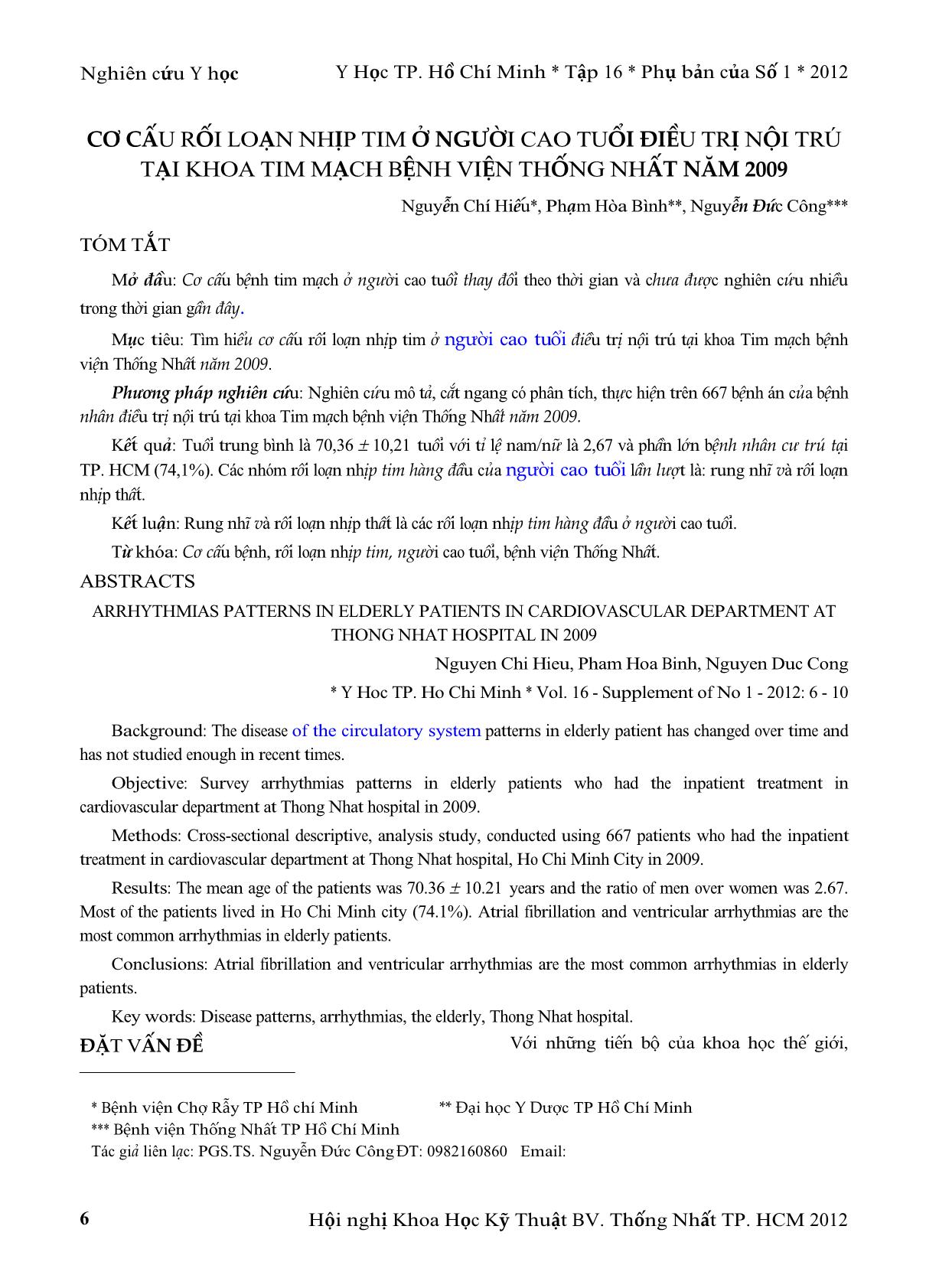 Cơ cấu rối loạn nhịp tim ở người cao tuổi điều trị nội trú tại khoa tim mạch bệnh viện Thống Nhất năm 2009 trang 1