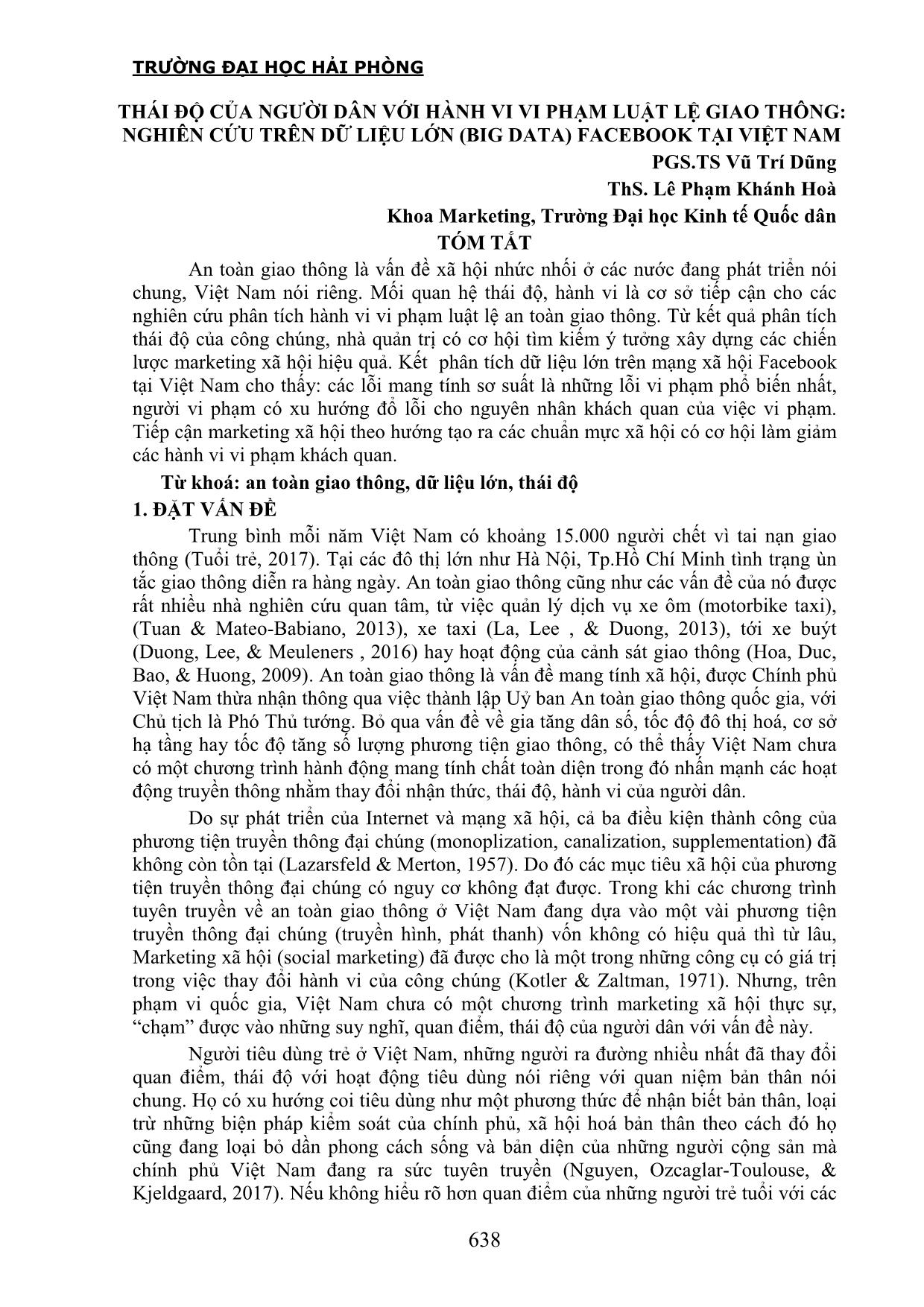 Thái độ của người dân với hành vi vi phạm luật lệ giao thông: Nghiên cứu trên dữ liệu lớn (big data) facebook tại Việt Nam trang 1