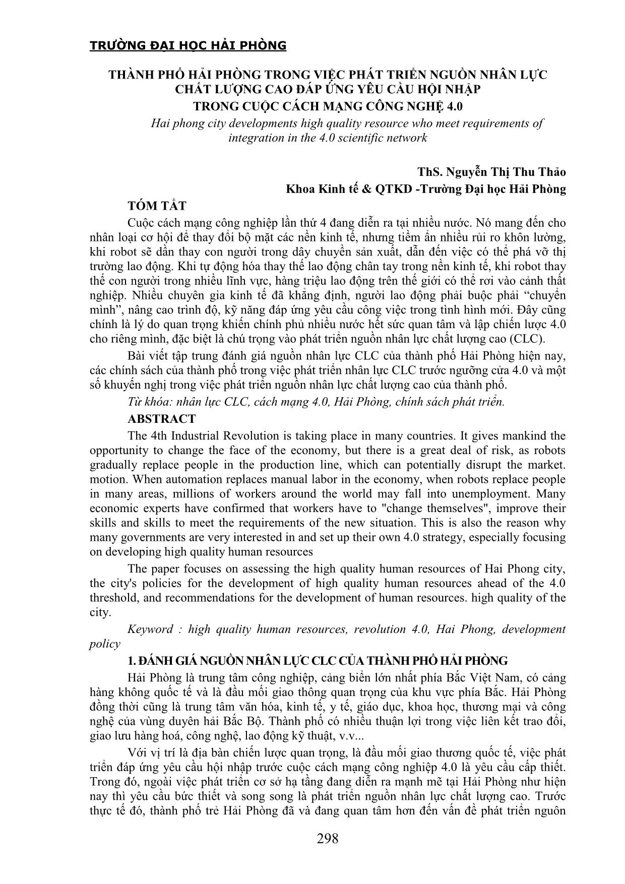 Thành phố Hải Phòng trong việc phát triển nguồn nhân lực chất lượng cao đáp ứng yêu cầu hội nhập trong cuộc cách mạng công nghệ 4.0 trang 1