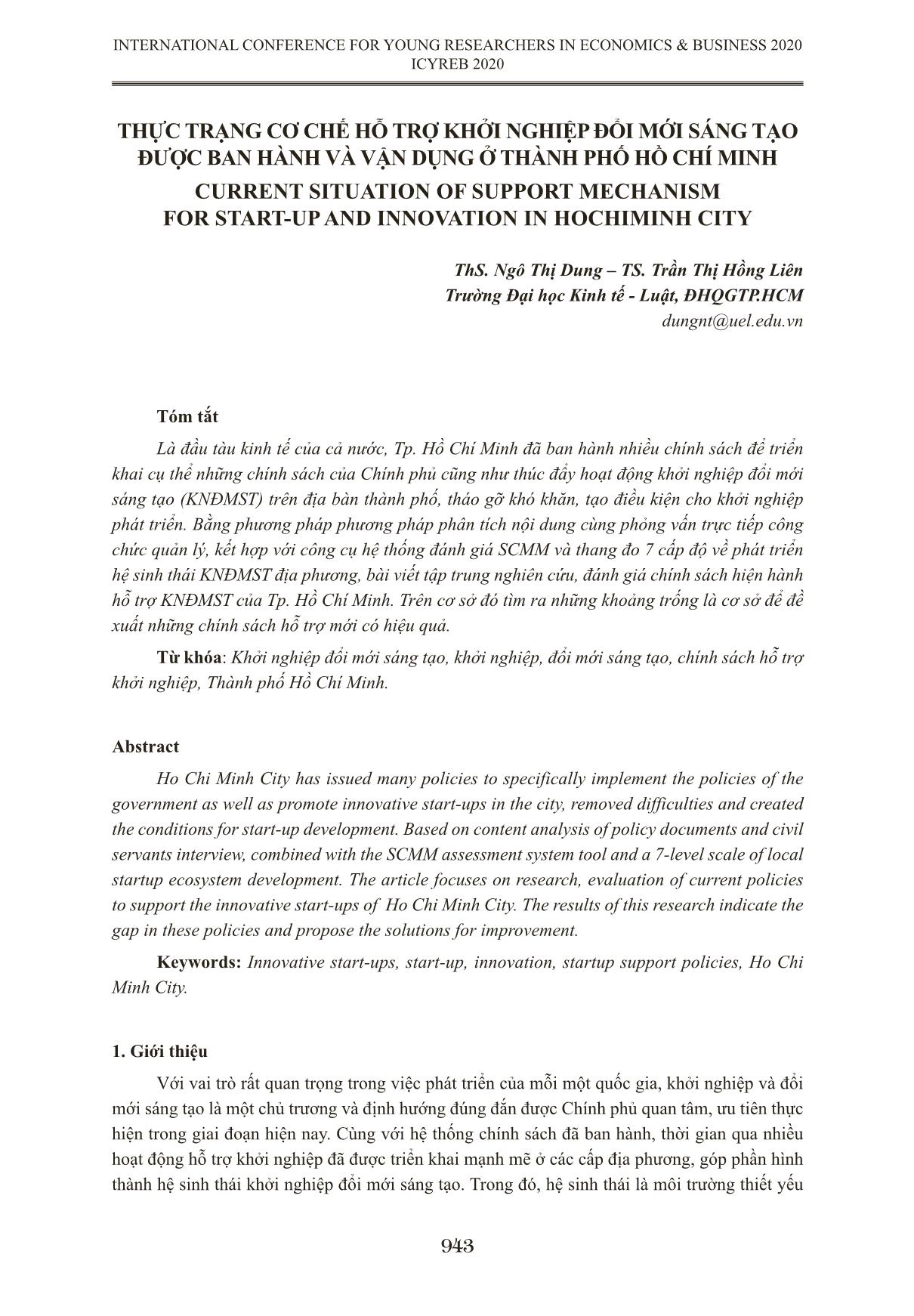 Thực trạng cơ chế hỗ trợ khởi nghiệp đổi mới sáng tạo được ban hành và vận dụng ở thành phố Hồ Chí Minh trang 1
