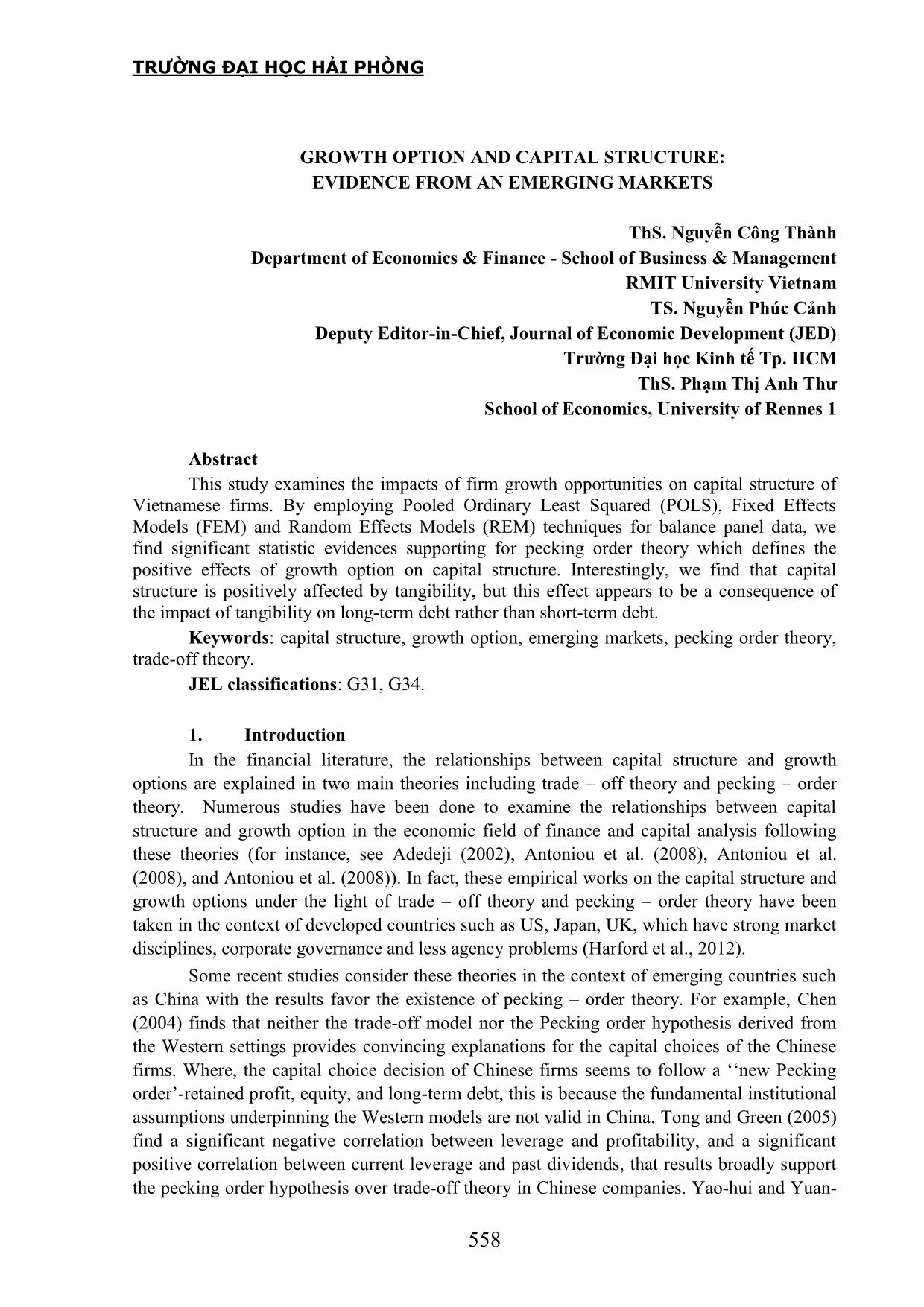 Growth option and capital structure: Evidence from an emerging markets trang 1