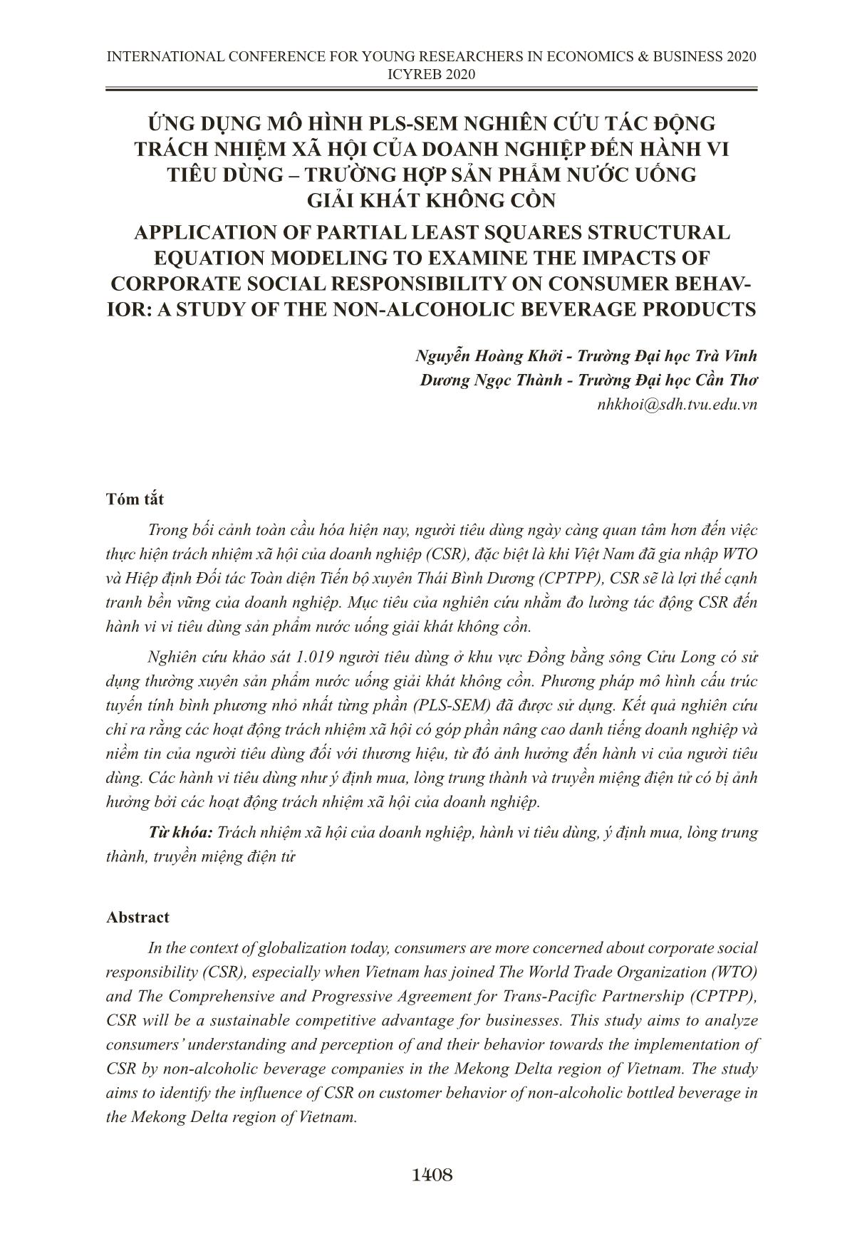 Ứng dụng mô hình PLS-SEM nghiên cứu tác động trách nhiệm xã hội của doanh nghiệp đến hành vi tiêu dùng – trường hợp sản phẩm nước uống giải khát không cồn trang 1