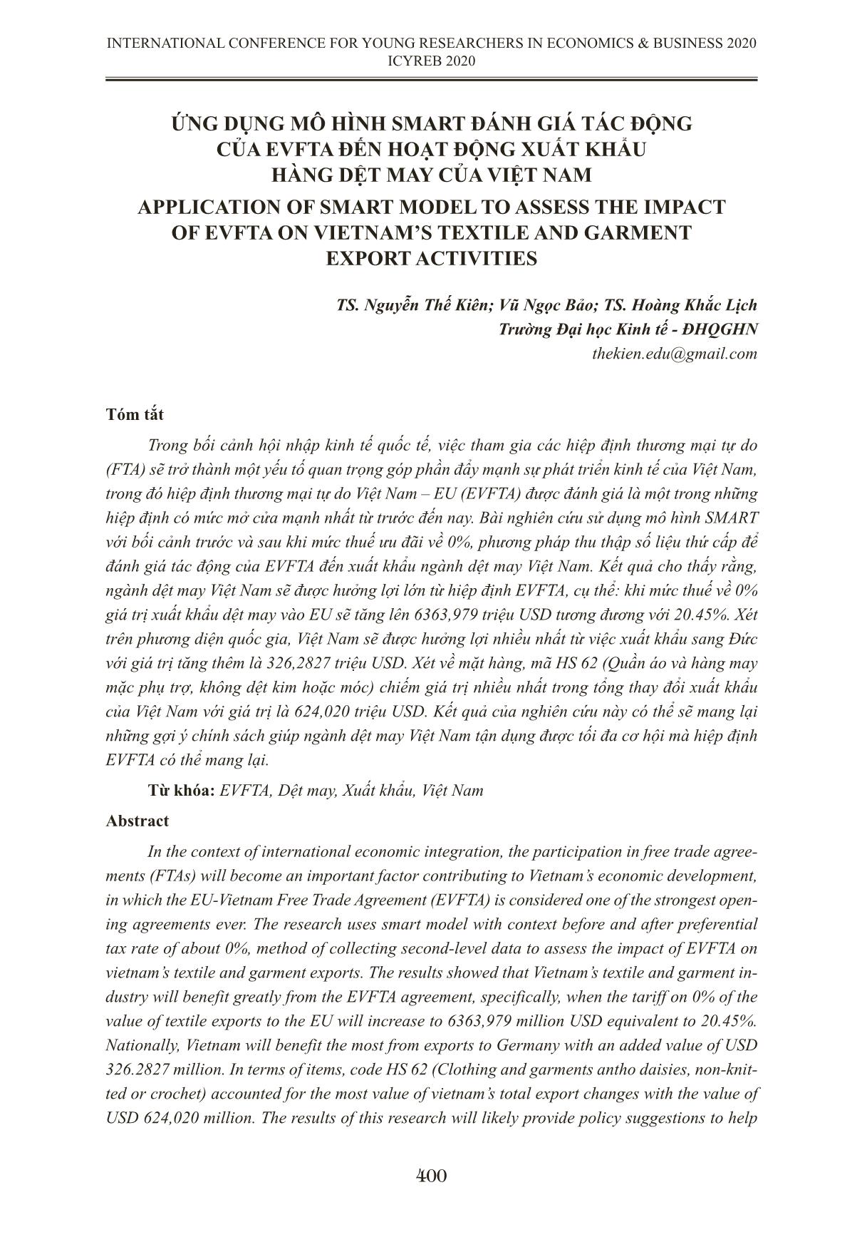Ứng dụng mô hình Smart đánh giá tác động của Evfta đến hoạt động xuất khẩu hàng dệt may của Việt Nam trang 1