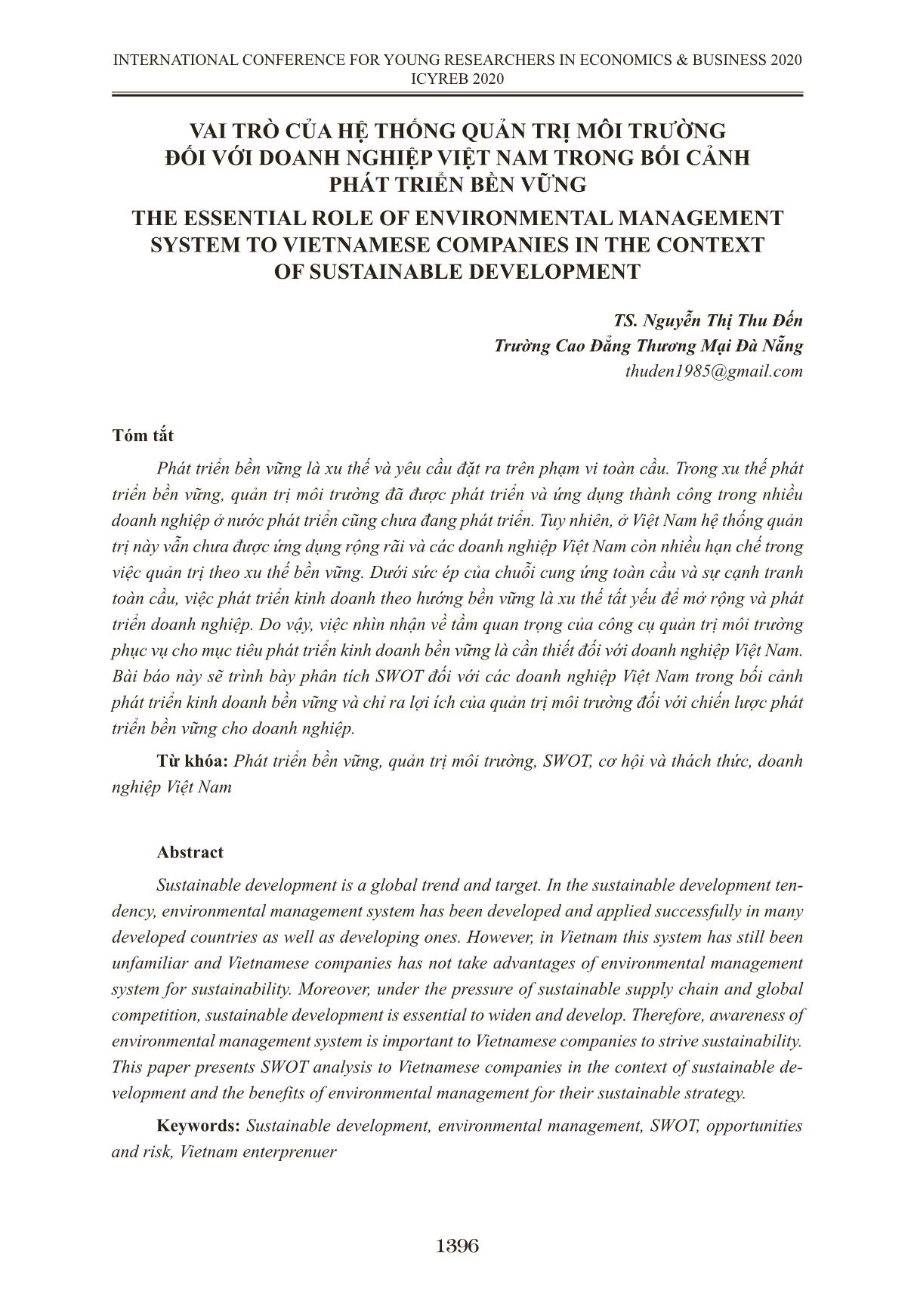 Vai trò của hệ thống quản trị môi trường đối với doanh nghiệp Việt Nam trong bối cảnh phát triển bền vững trang 1