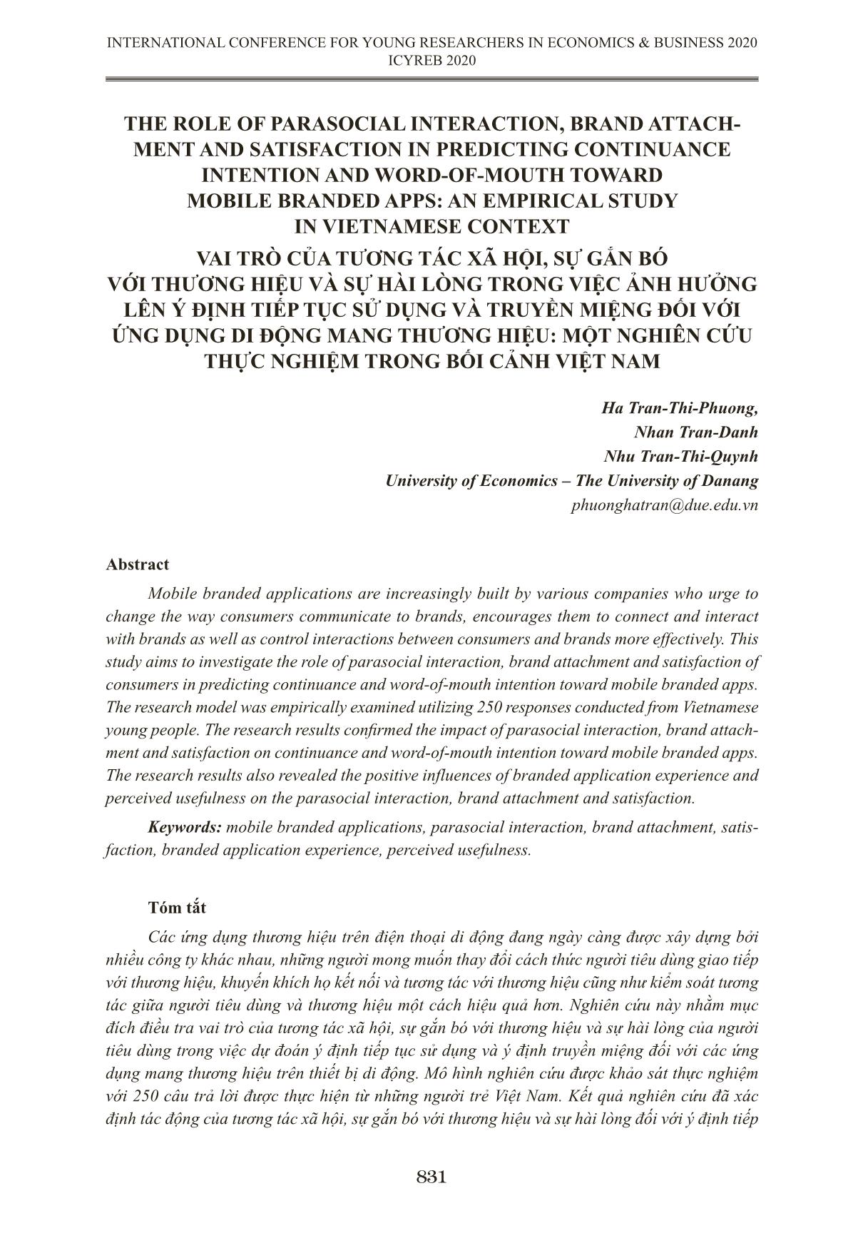 Vai trò của tương tác xã hội, sự gắn bó với thương hiệu và sự hài lòng trong việc ảnh hưởng lên ý định tiếp tục sử dụng và truyền miệng đối với ứng dụng di động mang thương hiệu: Một nghiên cứu thực nghiệm trong bối cảnh Việt Nam trang 1