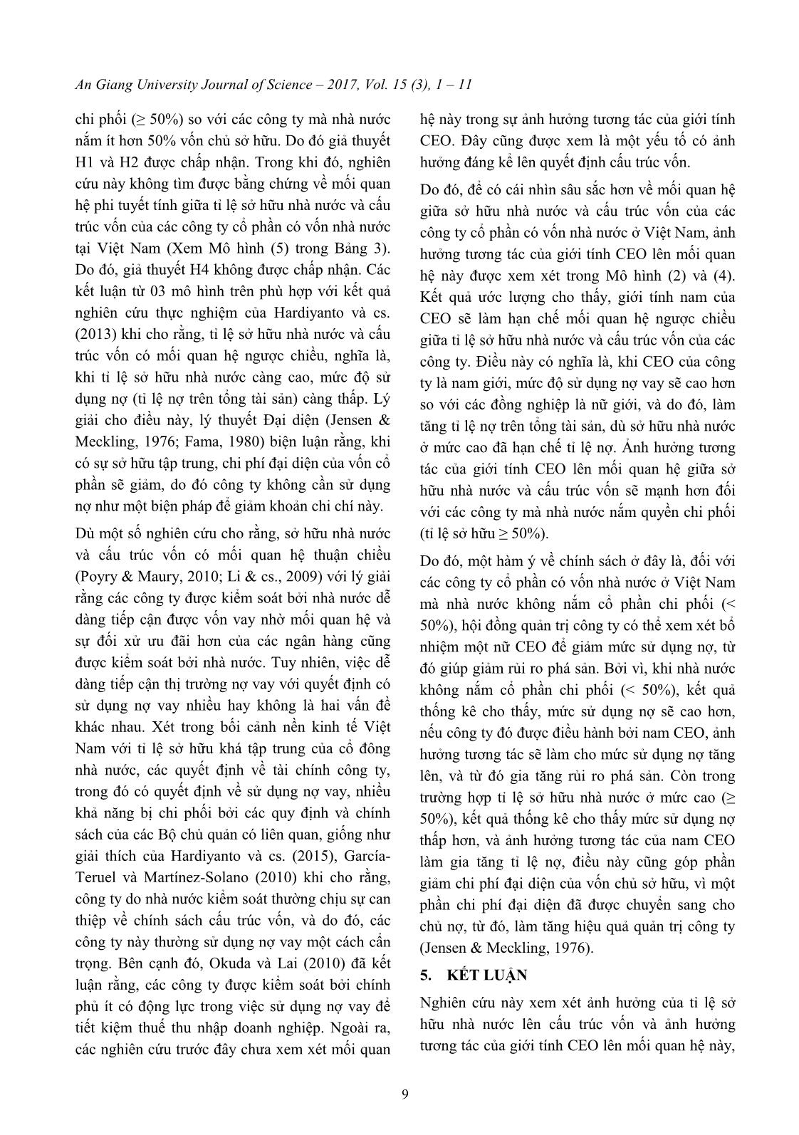 Ảnh hưởng tương tác của giới tính CEO lên mối quan hệ giữa sở hữu nhà nước và cấu trúc vốn: Trường hợp các công ty Cổ phần có vốn nhà nước tại Việt Nam trang 9