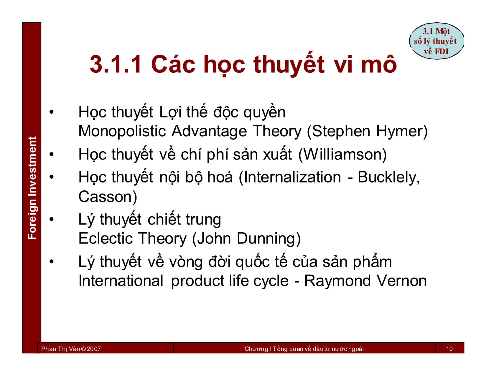 Bài giảng Đầu tư nước ngoài - Chương 3: Đầu tư trực tiếp nước ngoài FDI - Phan Thị Vân trang 10