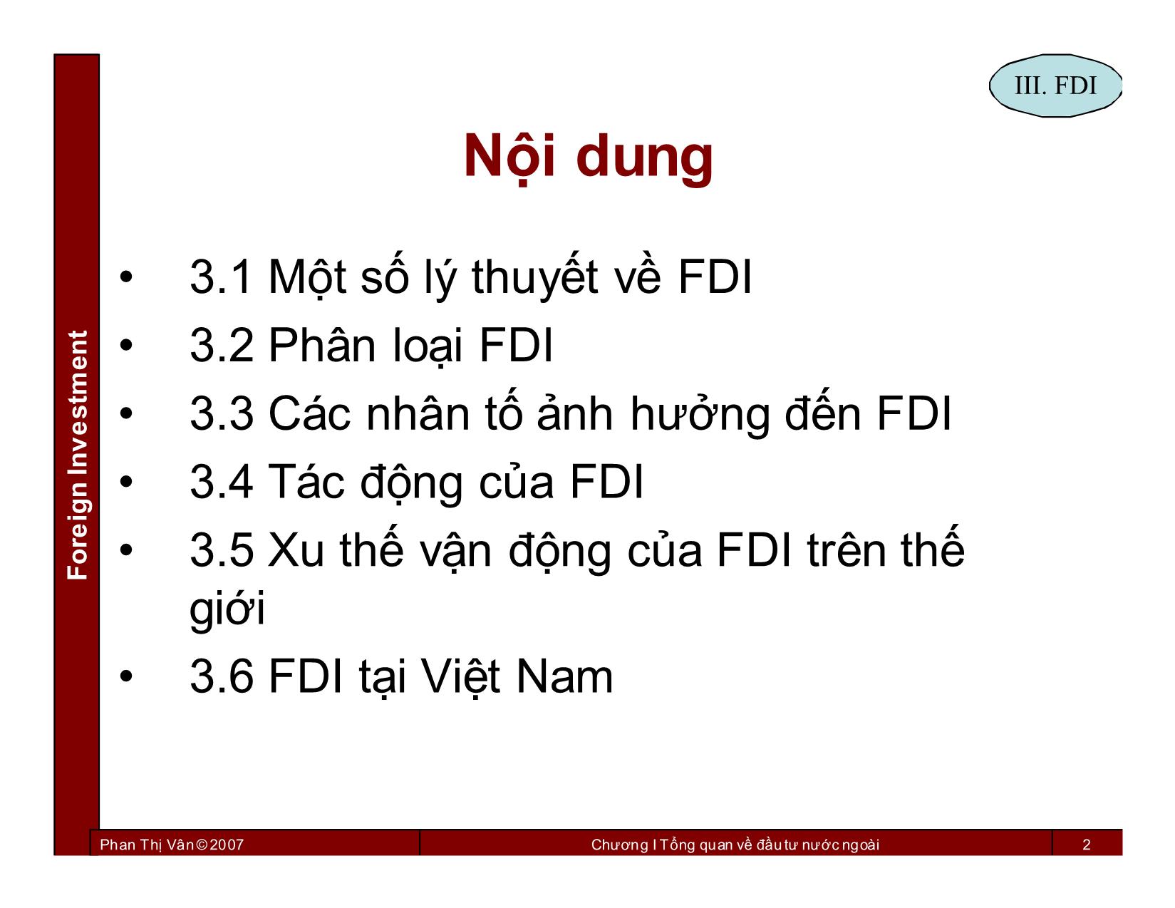 Bài giảng Đầu tư nước ngoài - Chương 3: Đầu tư trực tiếp nước ngoài FDI - Phan Thị Vân trang 2