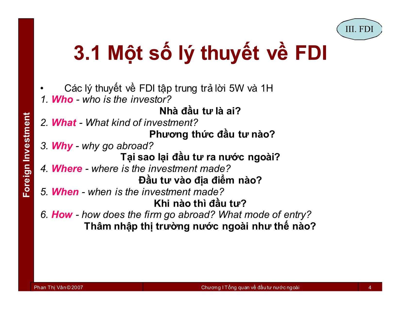 Bài giảng Đầu tư nước ngoài - Chương 3: Đầu tư trực tiếp nước ngoài FDI - Phan Thị Vân trang 4