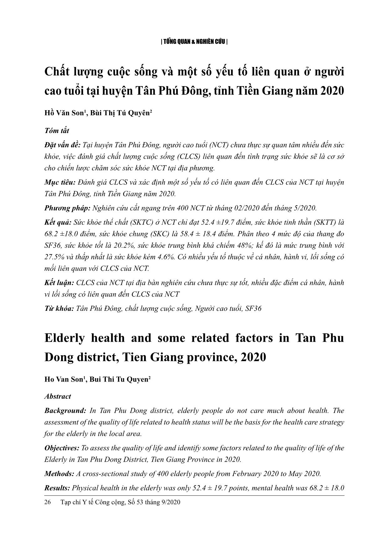 Chất lượng cuộc sống và một số yếu tố liên quan ở người cao tuổi tại huyện Tân Phú Đông, tỉnh Tiền Giang năm 2020 trang 1