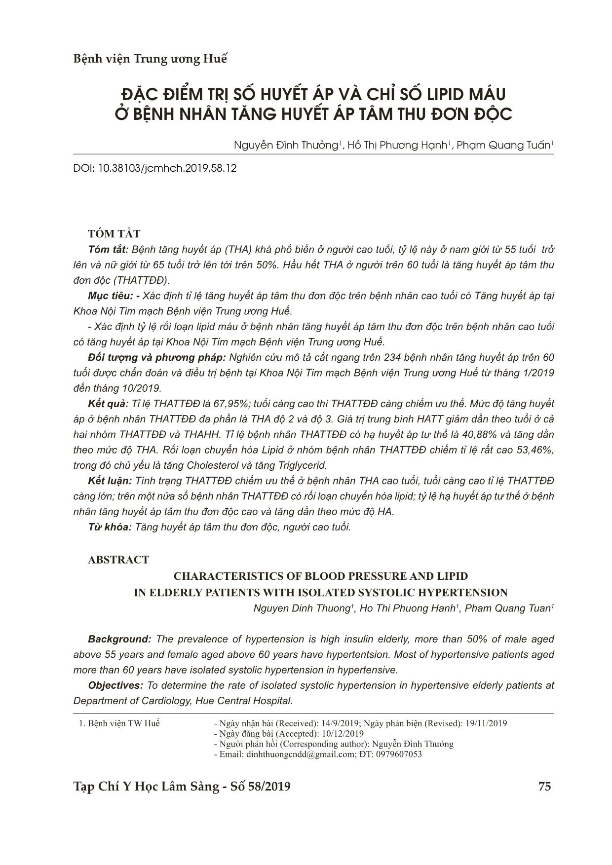 Đặc điểm trị số huyết áp và chỉ số lipid máu ở bệnh nhân tăng huyết áp tâm thu đơn độc trang 1